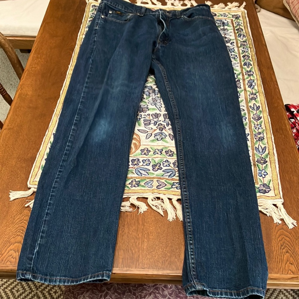 MensLee Premium jeans. Regular fit, straight leg.34x34. Darkblue. Leather patch